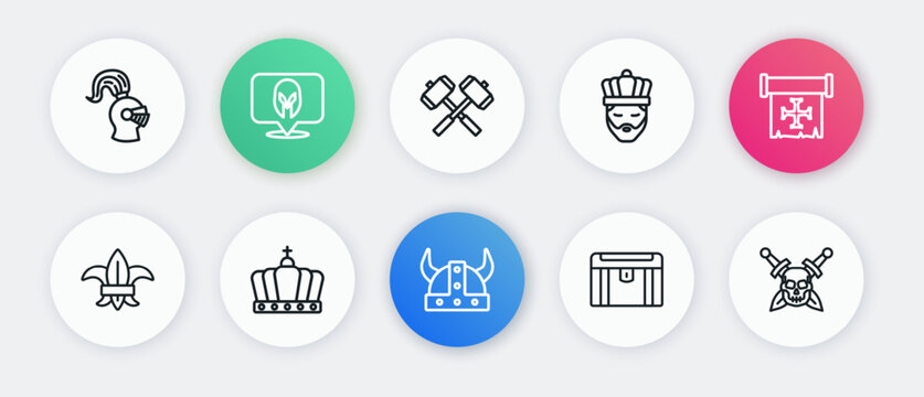 Set line Viking in horned helmet, Crusade, Fleur lys lily flower, Antique treasure chest, King with crown, Crossed battle hammers, Skull sword and icon. Vector