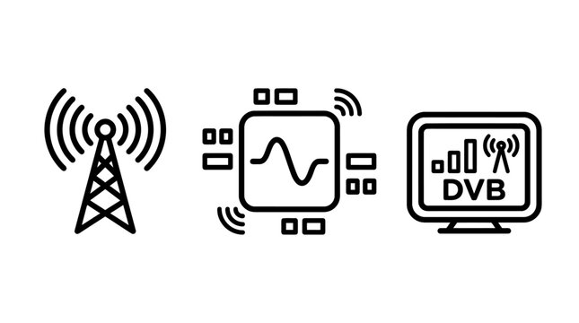 Wireless network and television transmission icons set with television broadcast telecommunication technology wireless transmission connection broadcasting electronics information internet