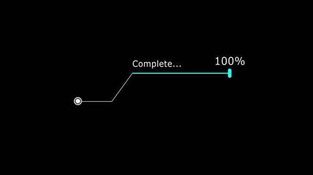 A dynamic modern cyan color line loading animation, and loading to completed 1 to 100% animation. on a black background. and creating a stunning 4k video.