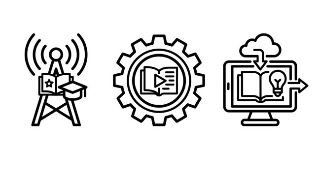 Educational broadcast e-learning content and digital media streaming icons with educational broadcast elearning streaming education learning graduation settings development knowledge