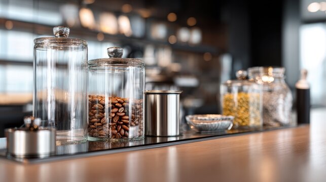 Closeup coffee beans in a glass jar on a cafe counter with stainless canister and bokeh lights for menu, packaging, design and background use