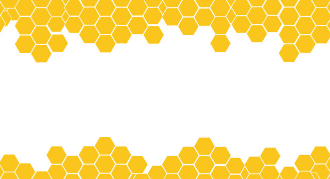 Yellow honeycomb pattern border, hexagonal geometric cells frame, honey bee wax texture, abstract organic vector illustration on white background