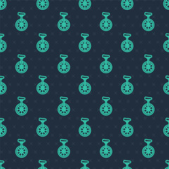 Green line Unicycle or one wheel bicycle icon isolated seamless pattern on blue background. Monowheel bicycle. Vector © Iryna