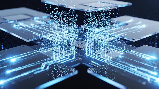 Ultra realistic transparent silicon wafers glow with electric blue edges as luminous particles flow across intricate circuits, creating a premium semiconductor technology background with copy space.