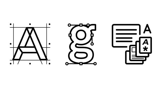 Typographic and document processing outline icons showing a letter a construction grid a font editing character a stack of document layout pages typography document alphabet publishing