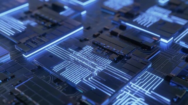 Ultra realistic transparent silicon wafers glow with electric blue edges as luminous particles flow across intricate circuits, creating a premium semiconductor technology background with copy space.