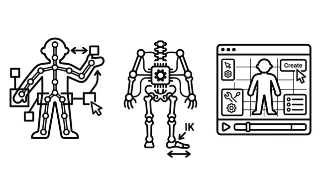 Character rigging and computer software icons with inverse kinematics animation character software structure skeleton interface production development creative computer movement modeling