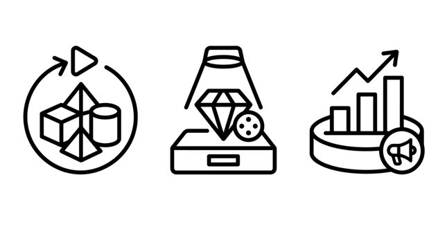 3D object modeling and marketing performance icons with modeling geometry marketing performance advertising production creation software animation cylinder spotlight presentation business