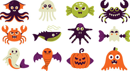 Set of cute halloween featuring colorful cartoon monsters, ghosts, crabs, a whale, and a pumpkin character isolated on a white background, for festive holiday © Digital Art