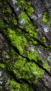 Close‑up of green moss growing on rough tree bark texture.