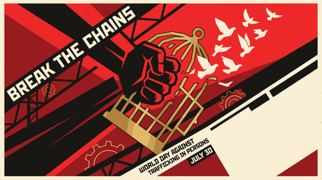 Fist breaking free from golden chains with flying white doves on red and black abstract background with bold freedom quote