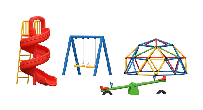 Colorful playground equipment clipart set featuring a red spiral slide blue swing green seesaw and a geodesic climbing dome isolated on white