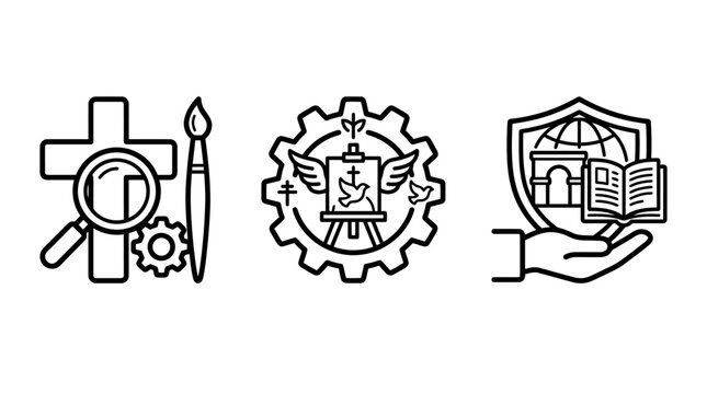 Concept icons for religious art restoration and global cultural heritage safeguarding with restoration religion preservation heritage conservation protection magnifying knowledge security