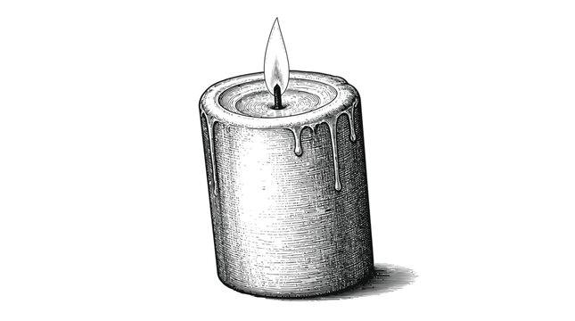 Lit candle with melted wax dripping down cylindrical body