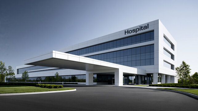 Modern hospital building exterior with a glass facade and entryway. Ideal for healthcare concepts and medical services.