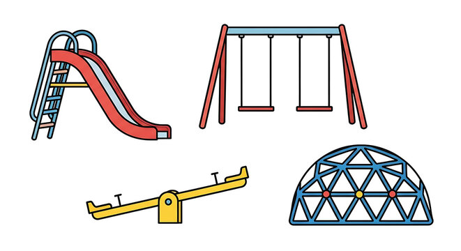 Colorful playground equipment collection featuring a red slide swing set yellow seesaw and blue climbing dome in a flat clipart vector style