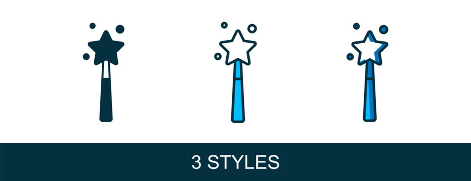 Filled outline Magic wand icon isolated on white background. Star shape magic accessory. Magical power. Vector