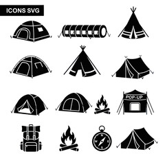 Camping icons including various tents campfire backpack and compass © magnum