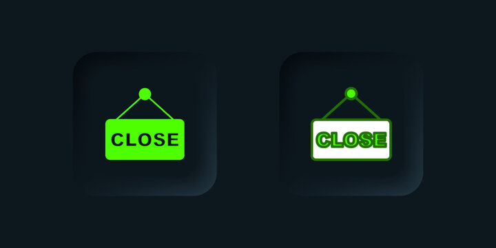 Green Hanging sign with text Closed icon isolated on black background. Business theme for cafe or restaurant. Black square button. Vector