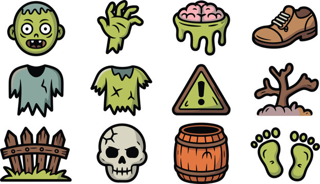 Set of twelve spooky halloween themed featuring a zombie head, hand, brain, shoe, tattered clothes, warning sign, dead tree, wooden fence, skull, barrel, and green footprints