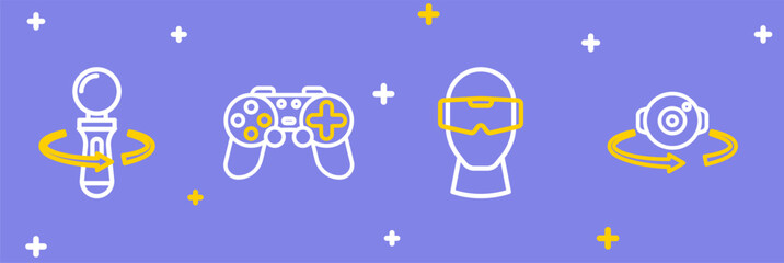Set line 360 degree view, Virtual reality glasses, Gamepad and VR controller game icon. Vector © Iryna