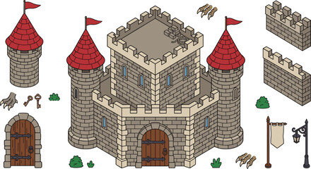 Isometric Medieval Castle Fortress Collection Featuring Stone Towers, Defensive Walls, Round Turrets, Gatehouse, Banners, and Fantasy Architecture Vector Set © MstShahida