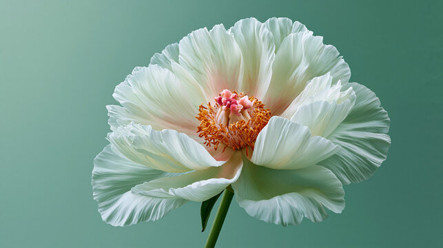 delicate white peony flower with a vibrant orange and pink center against a soft green background.