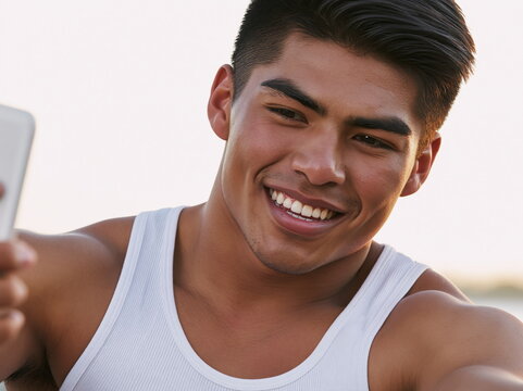 Latino Teenager Capturing Joyful Moment with Smartphone in Urban Setting, Radiating Confidence and Playfulness