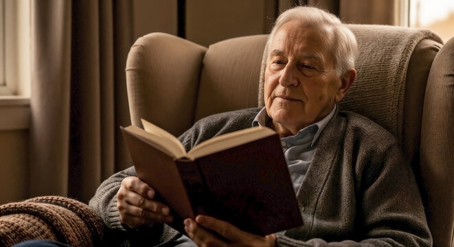 Man reading book in comfortable armchair, enjoying quiet leisure moment at home. Thoughtful man reading book, wearing cardigan, finding peace in literature.