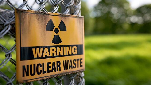A warning sign for nuclear waste is attached to a metal fence. Represents environmental hazards and industrial safety.