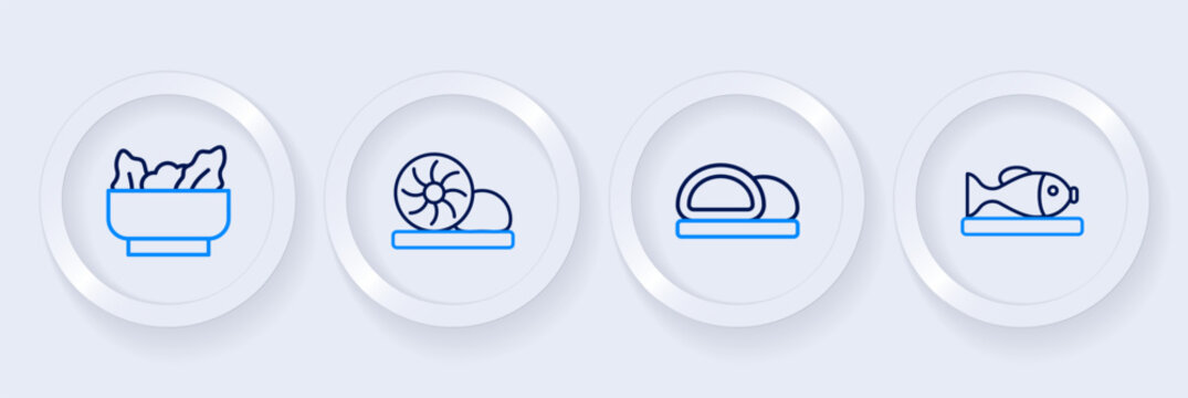 Set line Served fish on a plate, Sushi, Xiao long bao and Wonton icon. Vector