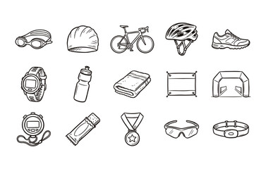 Fototapeta premium Triathlon race icon set with multi sport endurance athlete gear