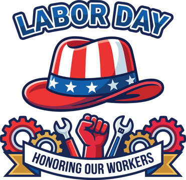 Labor Day honoring our workers emblem with Uncle Sam hat and mechanical gears