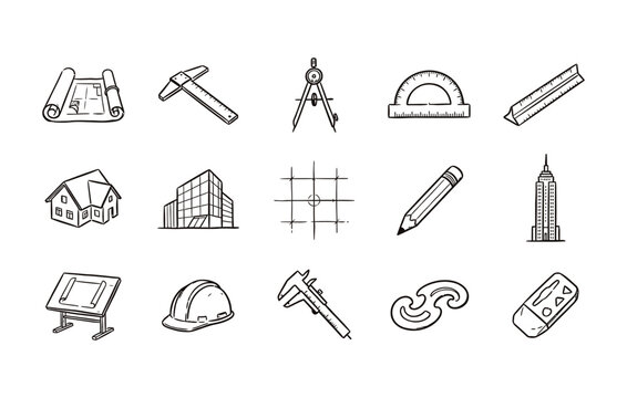 Hand drawn architecture design icon pack with engineering tools