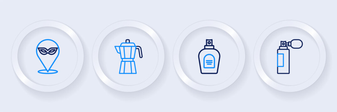 Set line Perfume, Coffee maker moca pot and Carnival mask icon. Vector