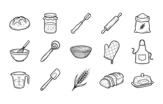 Hand drawn bakery and bread making icon pack with traditional equipment