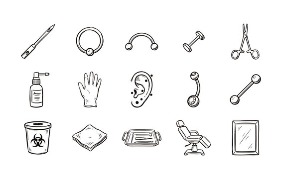 Hand drawn body piercing industry icon pack with professional tools