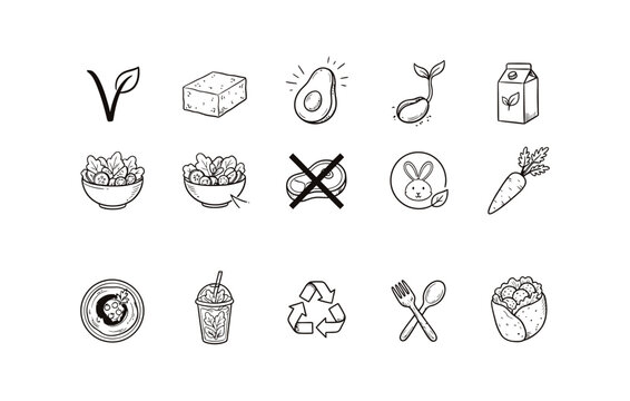 Hand drawn vegan lifestyle icon pack with healthy food items