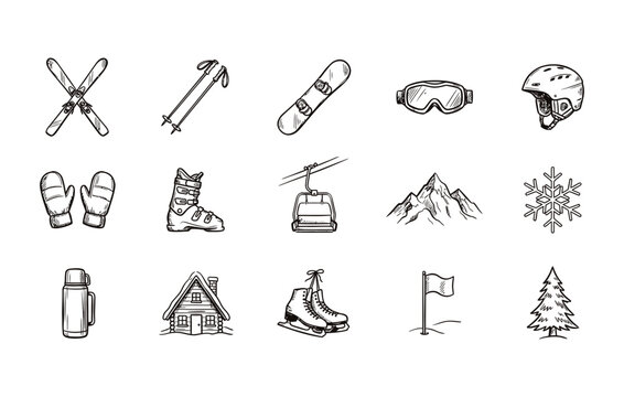 Hand drawn winter adventure icon pack with skiing essentials