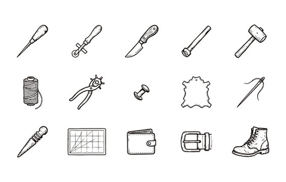Leather crafting and artisan tool collection with professional equipment