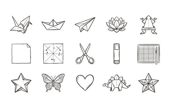 Origami and paper craft icon collection with creative hobby tools