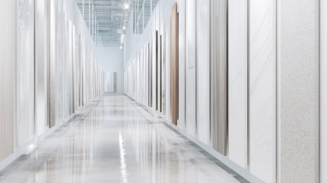 Material showroom corridor with large stone and tile slab samples for architecture and interior design selection catalog and background