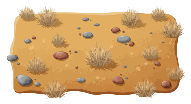 Desert ground texture vector, dry arid soil with pebbles and grass tufts, cartoon wasteland terrain element for game design and illustration
