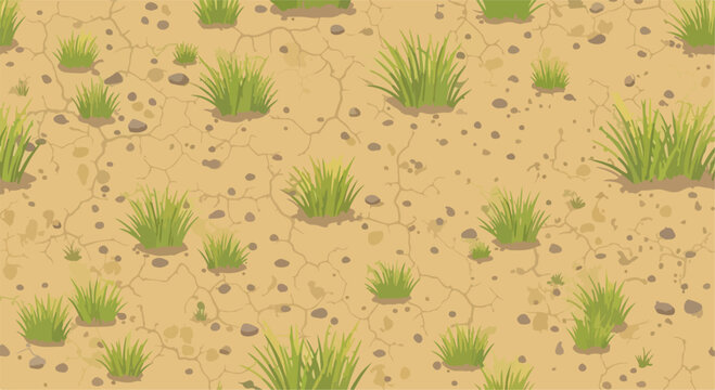 Seamless desert ground texture with green grass tufts, cracked dry earth soil pattern, arid landscape vector background for game design