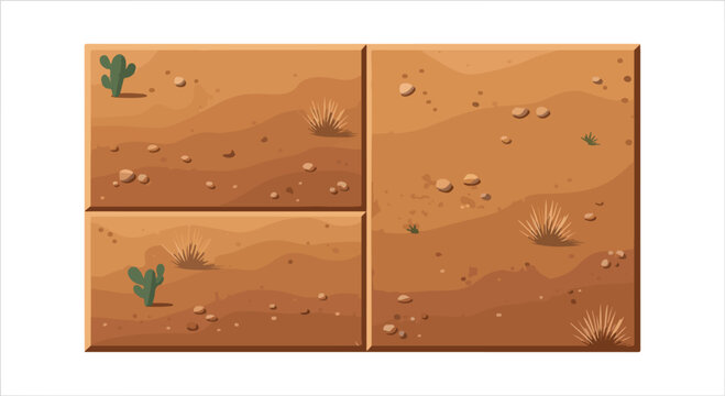 Desert ground texture vector set, arid sand soil with cactus and stones, seamless dry wasteland earth patterns for game design and illustration