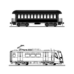 Vintage train car silhouettes. Isolated tram and locomotive icons © PixelAhad