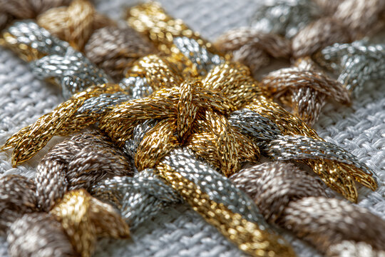 Macro close-up of gold and silver metallic thread embroidery on white linen, photorealistic satin-stitch cross pattern with shallow depth of field