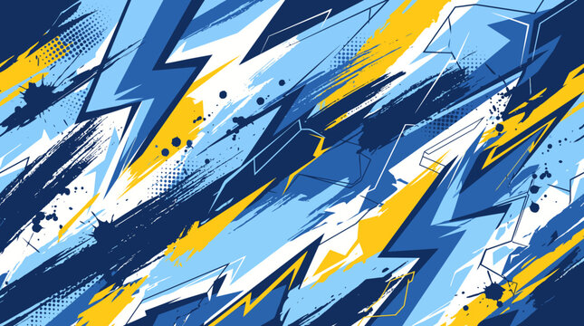 Dynamic sports jersey pattern with blue and yellow jagged lines