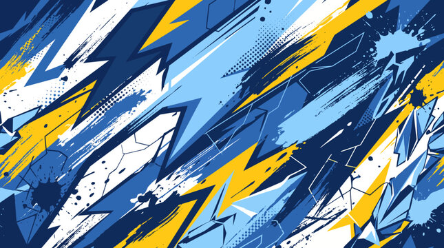 Dynamic sports car wrap pattern with blue and yellow geometric shapes