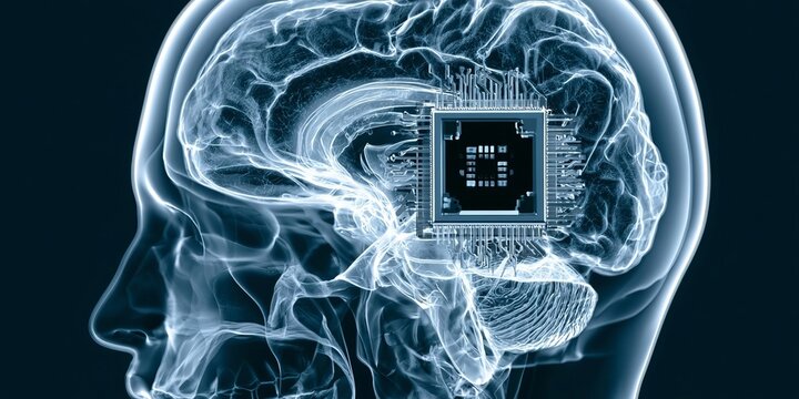 Futuristic X Ray Image of a Human Brain with an Integrated Electronic Chip Implant Technology